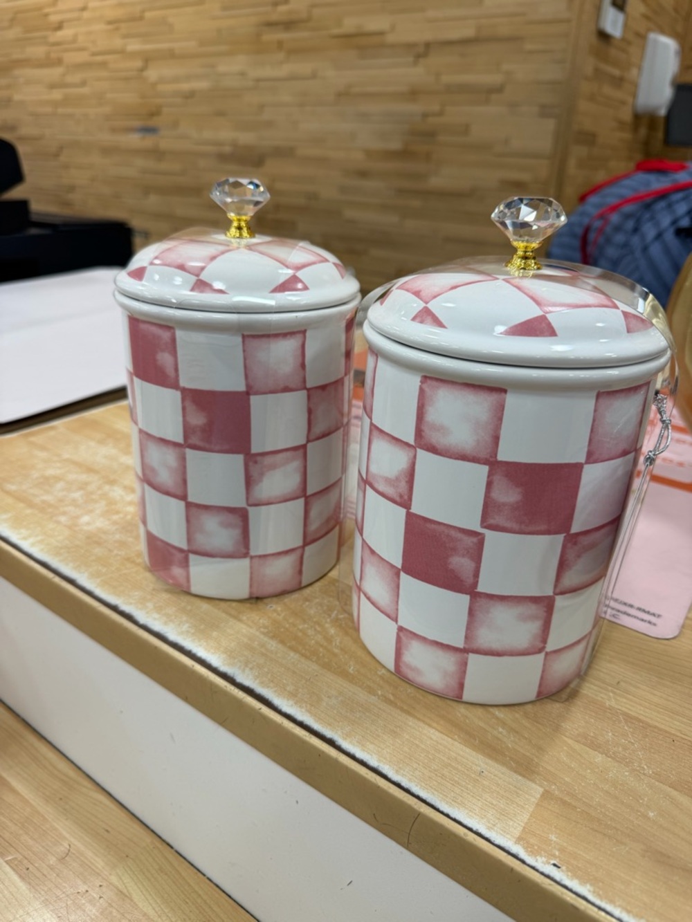 Pink & White Checkered Ceramic Canisters with Crystal Knobs